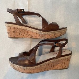Prada Cork Wedge Sandals, brown leather, ankle strap, Size 39.5/ 9 1/2